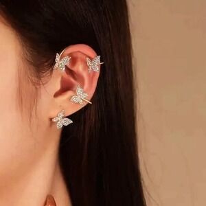Turandoss Silver Butterfly Ear Cuffs Crystal Non Pierced Wrap Earrings Pair Box